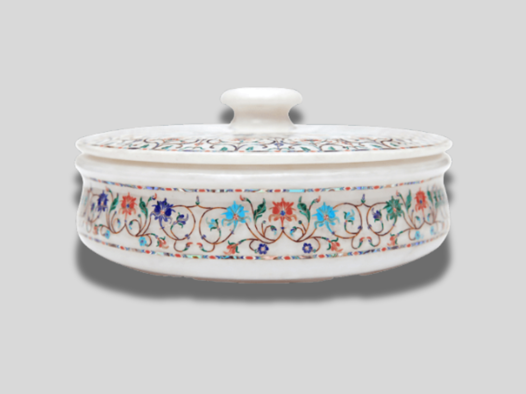 Italian Marble Jewelry Storage Box Floral Fine Marquetry Inlay Design Semi Precious Multi color Stone